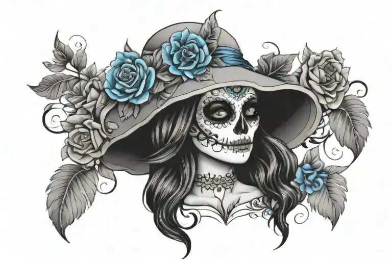 catrina with blue flowers tattoo design idea