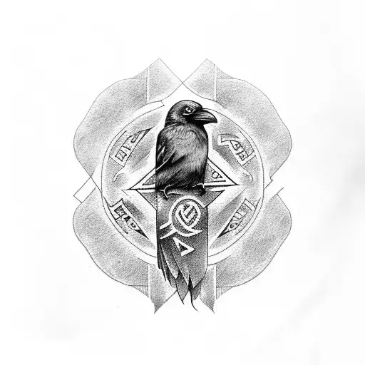 raven with runic alphabet around it tattoo design idea