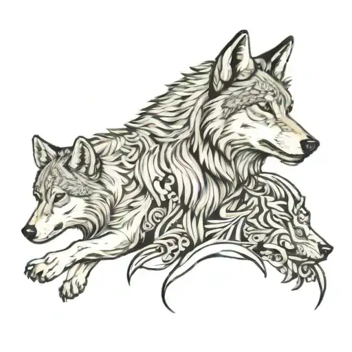 wolf male,female cub wity white horse in background  tattoo design idea