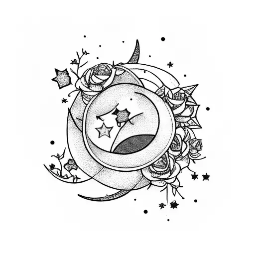 crescent moon with 4 stars, surrounded by flowers for April, May, August, and October tattoo design idea