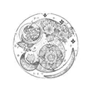 crescent moon with 4 stars, surrounded by flowers for April, May, August, and October tattoo design idea