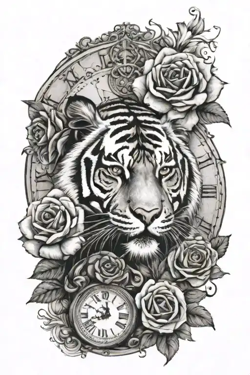 roses, tiger with girl face, clock, eye, and spanish quote  tattoo design idea