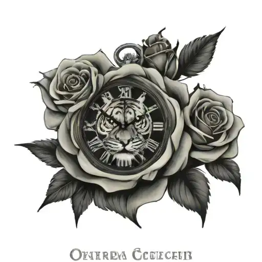 roses with tiger, eye, clock, spanish quote  tattoo design idea