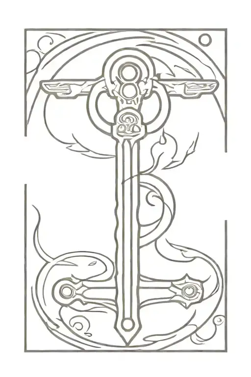 old key shaped like a sword with fire flames rising from the top piercing straight through the triple moon phases symbol tattoo design idea