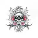 crow skull with a rose in the background tattoo design idea