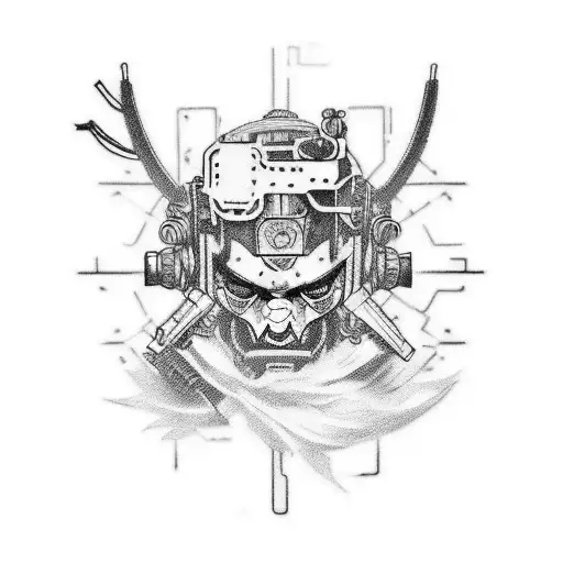 Create a tattoo design for me on my back, inspired by Japanese tattoos but in a cyberpunk style. Include mechanical elem tattoo design idea