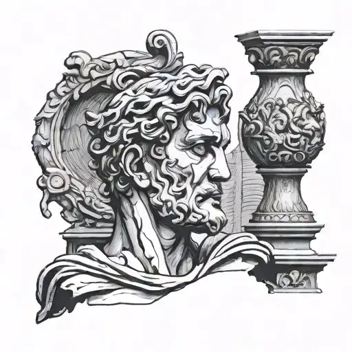 Roman bust in ruin tattoo design idea