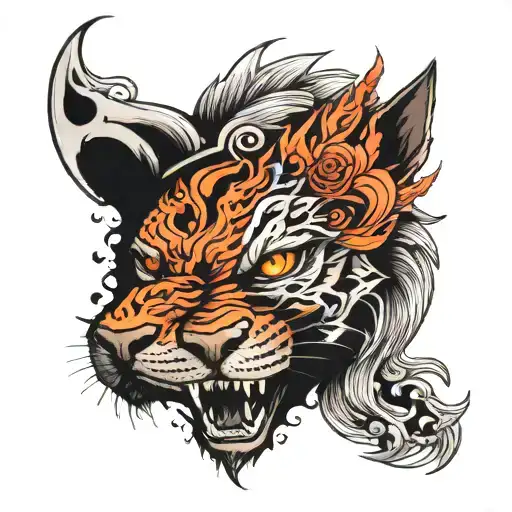 half panther face with half wolf face with a phoenix above   tattoo design idea