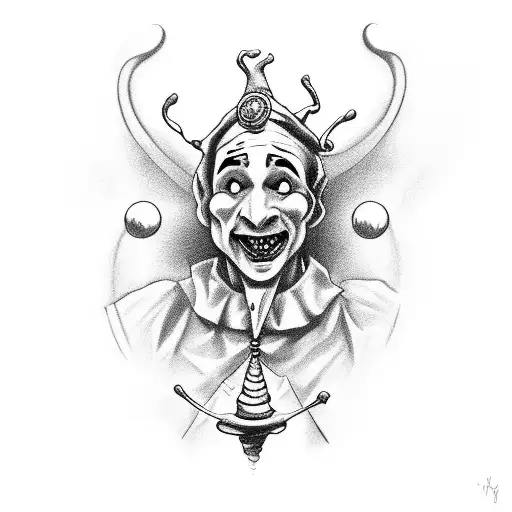 a jester juggling while standing on one leg. tattoo design idea