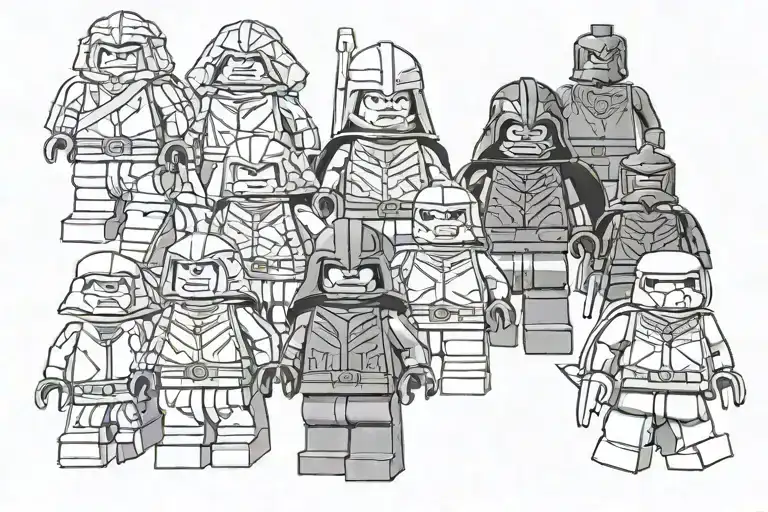 10 lego figures from super hero marver dc stargate frenchise walking after each other in a line tattoo design idea