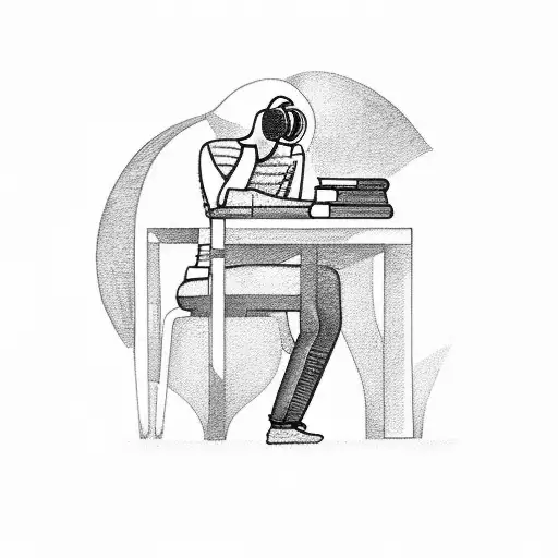 A black-grey sketch of a student sitting alone with a book and headphones tattoo design idea