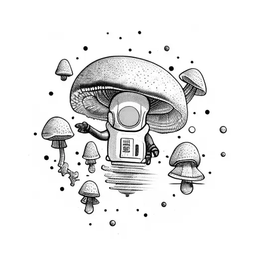 Mushroom spores floating in space with a blackwork astronaut observing tattoo design idea
