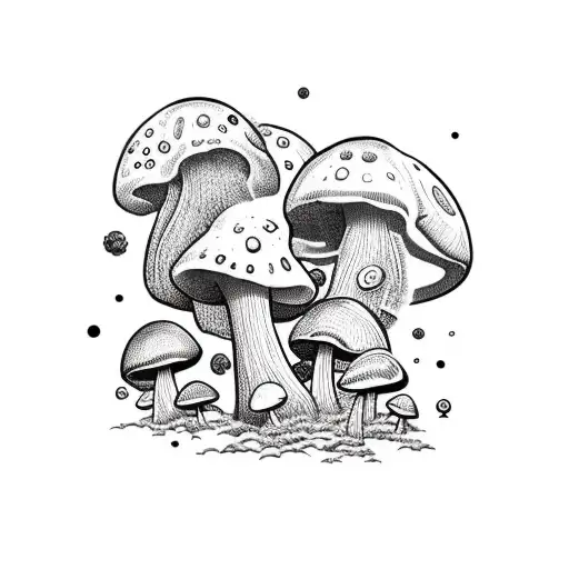 Mushroom spores floating in space with a blackwork astronaut observing tattoo design idea