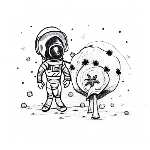 A sketch of an astronaut holding a mushroom bouquet with stars in the background tattoo design idea