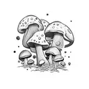Mushroom spores floating in space with a blackwork astronaut observing tattoo design idea