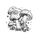 Mushroom spores floating in space with a blackwork astronaut observing tattoo design idea