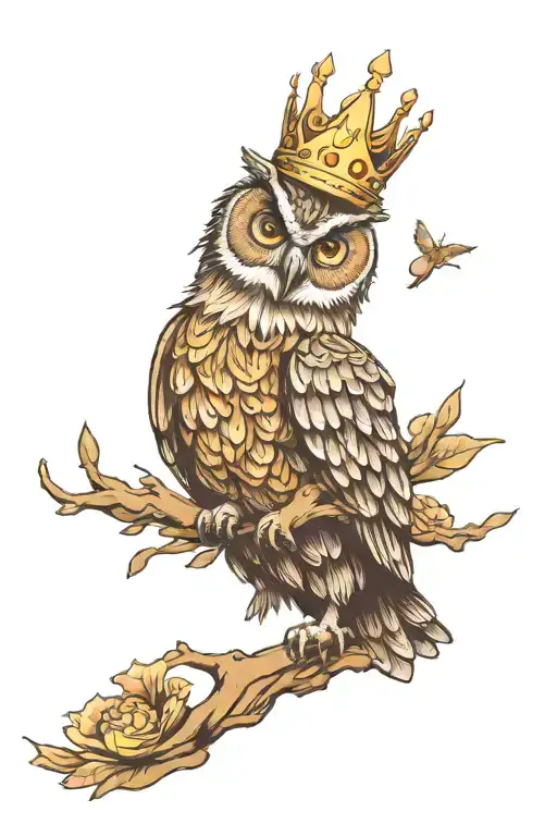 Owl with his wings spread wide and has a crown above his head tattoo design idea