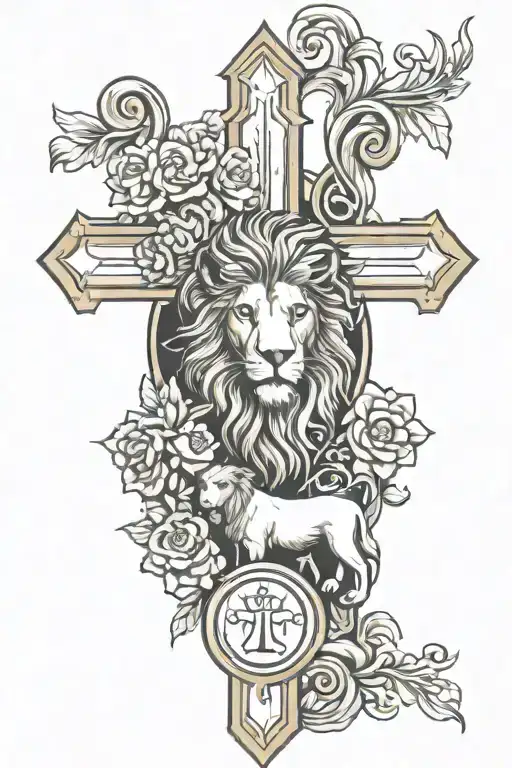 Christian Cross with lion and lamb tattoo design idea