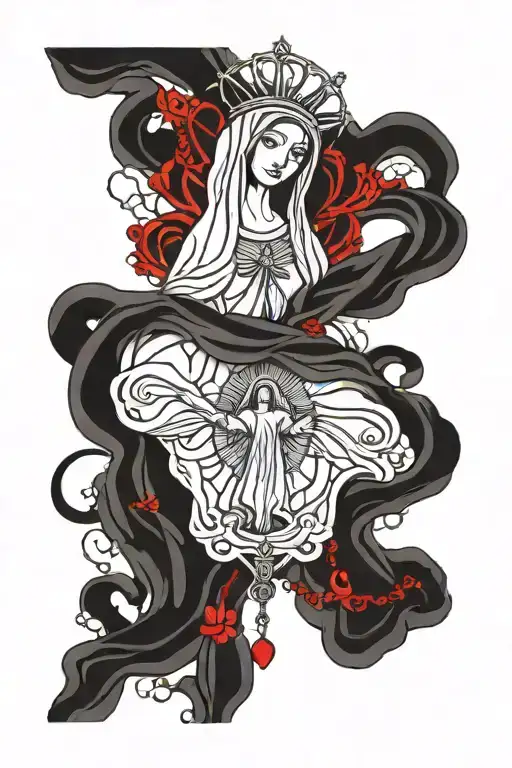 Virgin Mary; standing face on. full body sacred heart red rosary wrapped loosely tattoo design idea