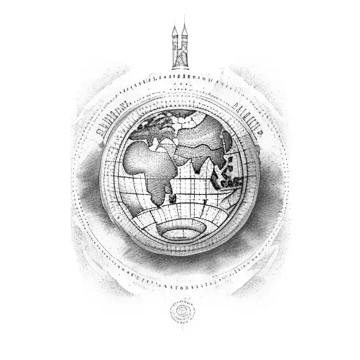 A dotwork tattoo of a wine bottle with a detailed world map as its label tattoo design idea