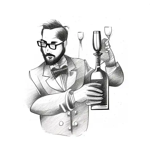 A sketch style tattoo of a sommelier traveling the world, with wine bottles and glasses in the background tattoo design idea