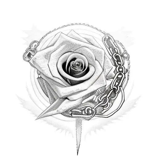 A broken mythical sowrd with chains and lightning roses tattoo design idea