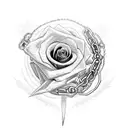 A broken mythical sowrd with chains and lightning roses tattoo design idea