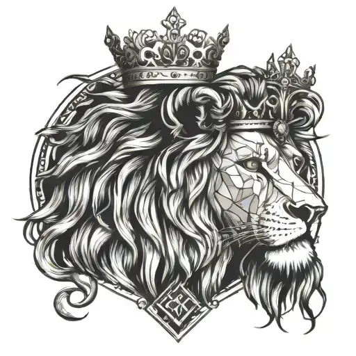 Lion wearing a crown. also lion is wearing a necklace that have the engraving of the letters HT. make it evil and dark  tattoo design idea