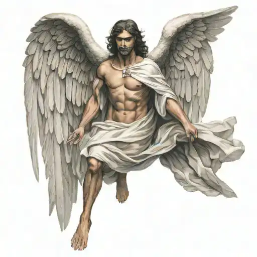 Angel of Death Acient greek god with open wings spread tattoo design idea