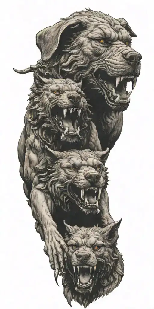 Hercules choking Cerberus three headed dog tattoo design idea
