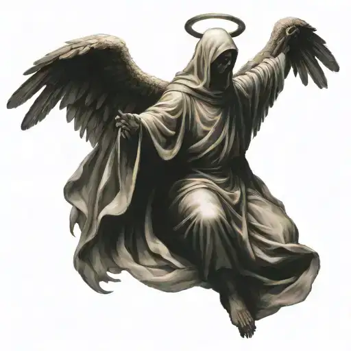The Angel of Death stands with both hands raised to the sky, his wings spread wide. His robe covers his legs tattoo design idea