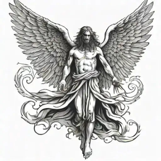 The Angel of Death stands, his wings spread wide tattoo design idea