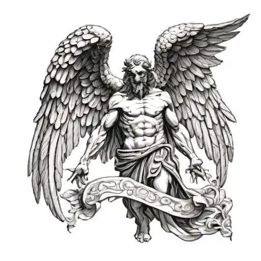 Angel of Death Acient greek god with open wings spread tattoo design idea