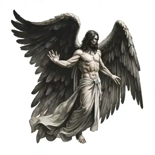 The Angel of Death stands with both hands raised to the sky, his wings spread wide. tattoo design idea