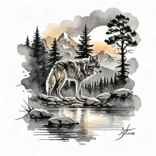 black and white tall mountains with trees and river. watercolor sunset. with calm wolf. tattoo design idea