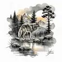 black and white tall mountains with trees and river. watercolor sunset. with calm wolf. tattoo design idea