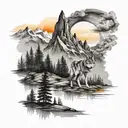 black and white tall mountains with trees and river. watercolor sunset. with calm wolf. tattoo design idea