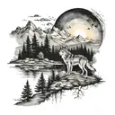 black and white tall mountains with trees and river. watercolor sunset. with calm wolf. tattoo design idea