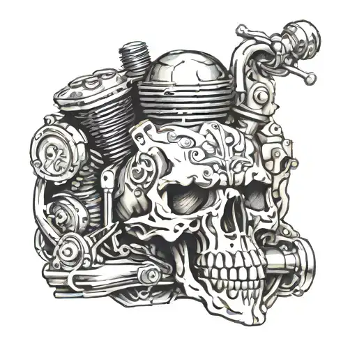 A motorcycle engine block with a skull  tattoo design idea