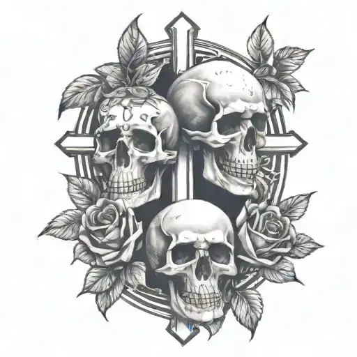 three skulls infront of a christan cross with roses under it   tattoo design idea