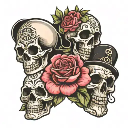three skulls infront of an orthodox corss with roses under it   tattoo design idea