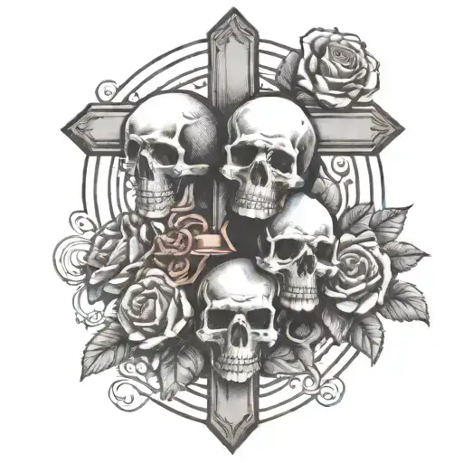 three skulls infront of an orthodox corss with roses under it   tattoo design idea