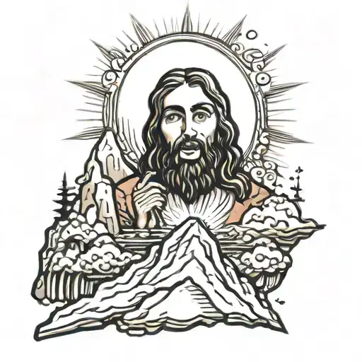 a mountian with jesus christ popping out of the middle  tattoo design idea