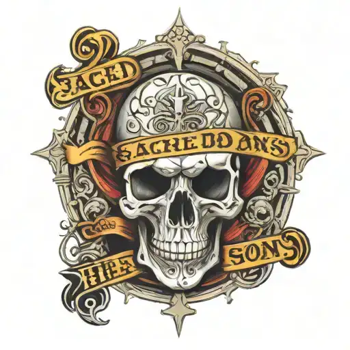 a skull with the text sacred sons on a banner above it with a chirstian cross going through it  tattoo design idea