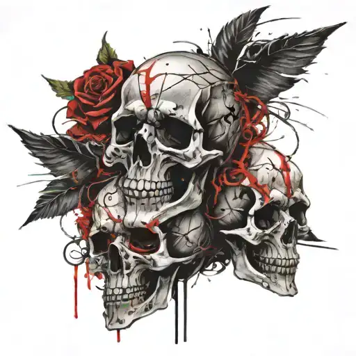 3 skulls infront of a complex christian cross with roses  tattoo design idea
