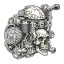 A motorcycle engine block with a skull  tattoo design idea