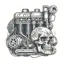 A motorcycle engine block with a skull  tattoo design idea