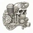 A motorcycle engine block with a skull  tattoo design idea
