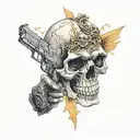 a skull with two hand guns making an x with his arms looking to the sky  tattoo design idea