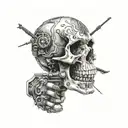 a skull with two hand guns making an x with his arms looking to the sky  tattoo design idea